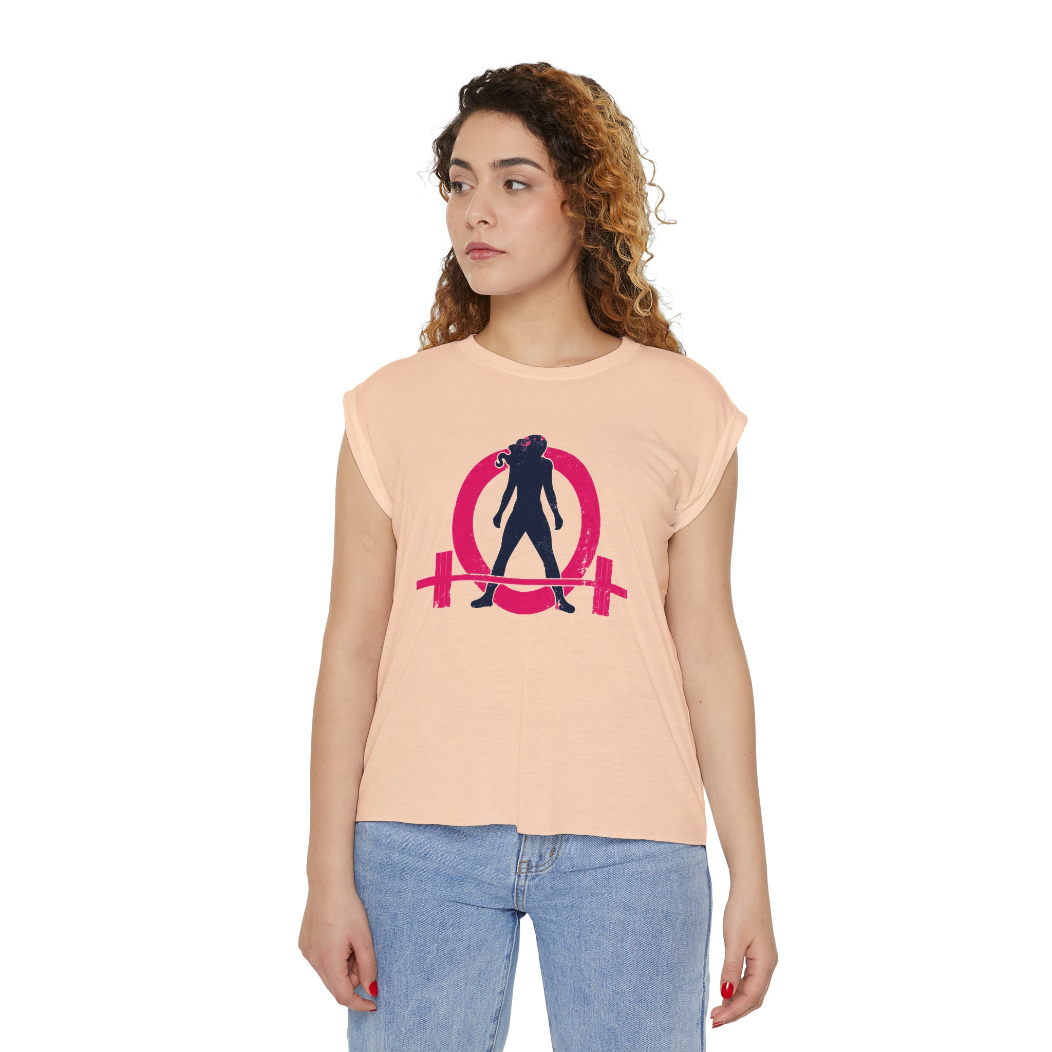 Women’s Flowy Rolled Cuffs Muscle Tee - Light Distressed Logo