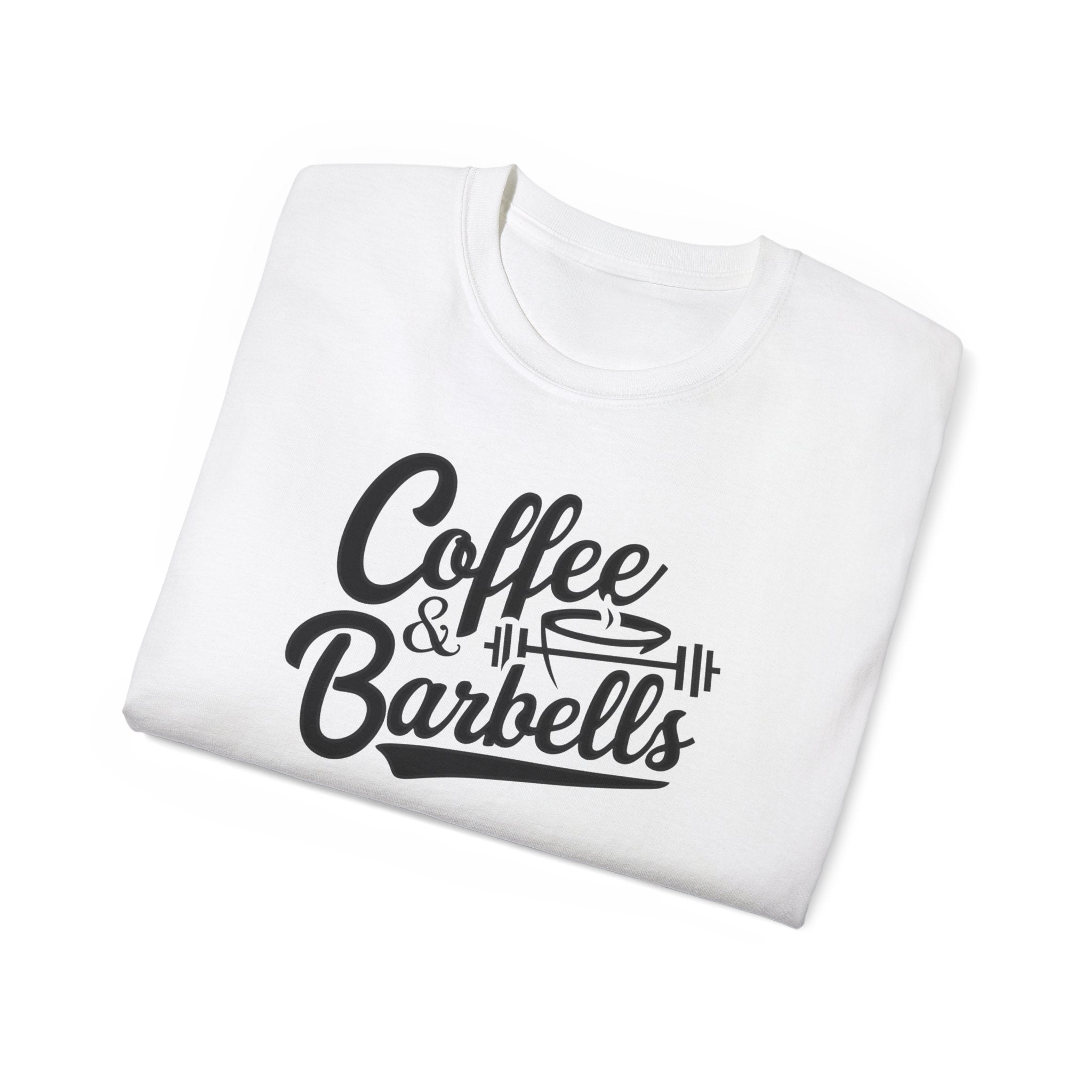 Coffee & Barbells - Unisex Ultra Cotton Tee - Front Black Logo - Plain Back