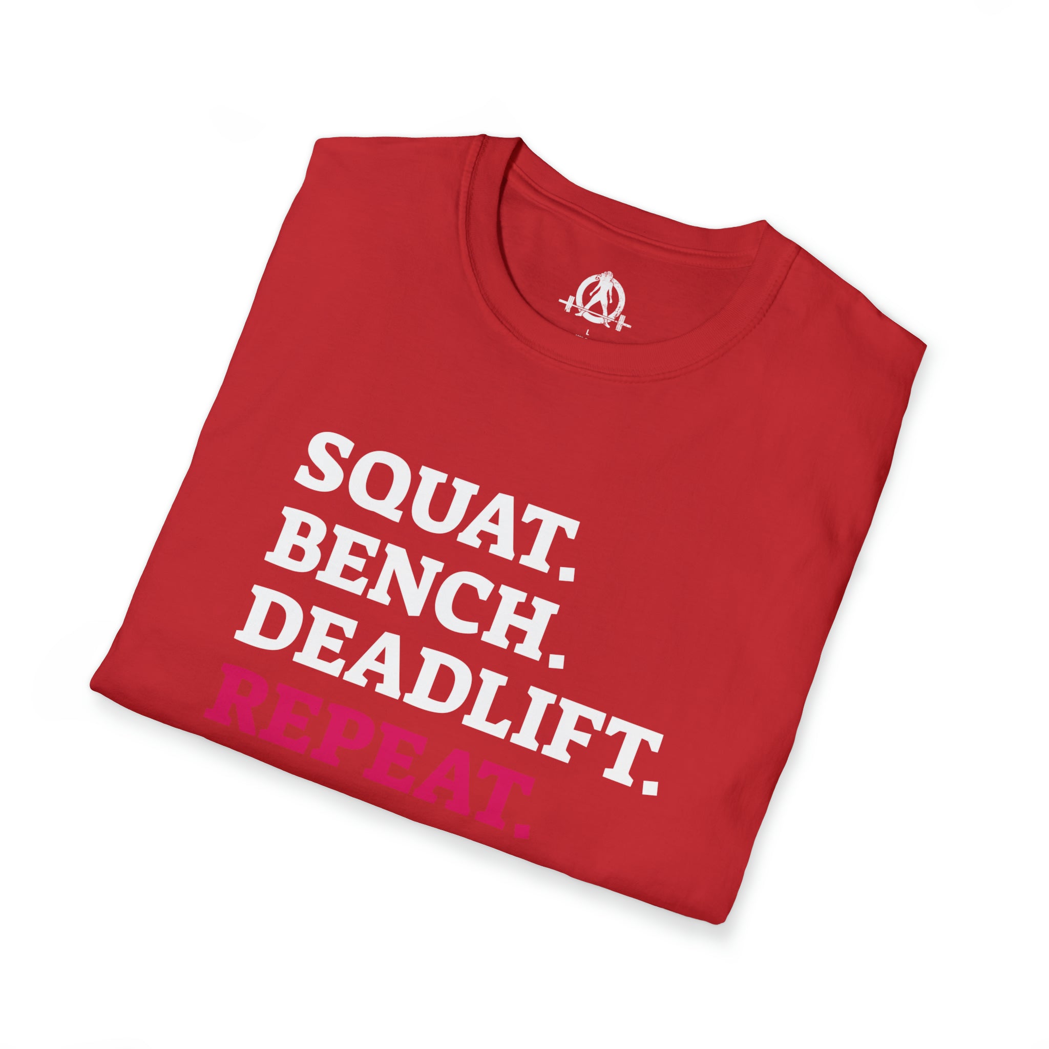 Squat Bench Deadlift Repeat - Unisex Softstyle T-Shirt - Black & Pink - Plain Back