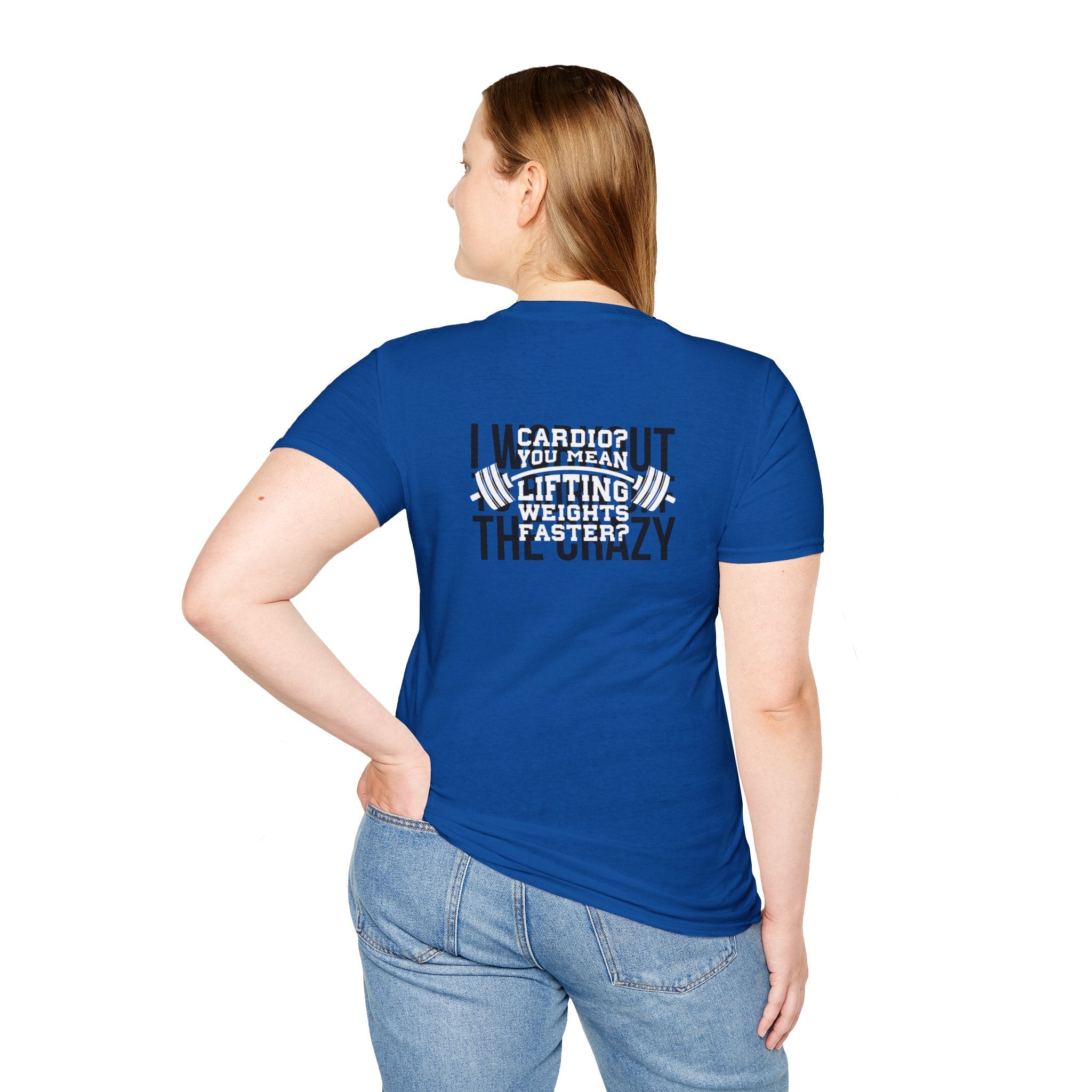 Cardio = Lift Weights Faster - Unisex Softstyle T-Shirt - Logo Front & Back