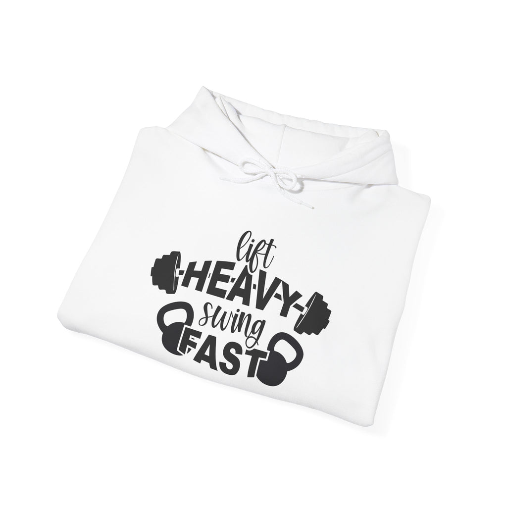 Lift Heavy Swing Fast - Unisex Heavy Blend Hooded Sweatshirt - Black Logo - Right Shoulder - Plain Back