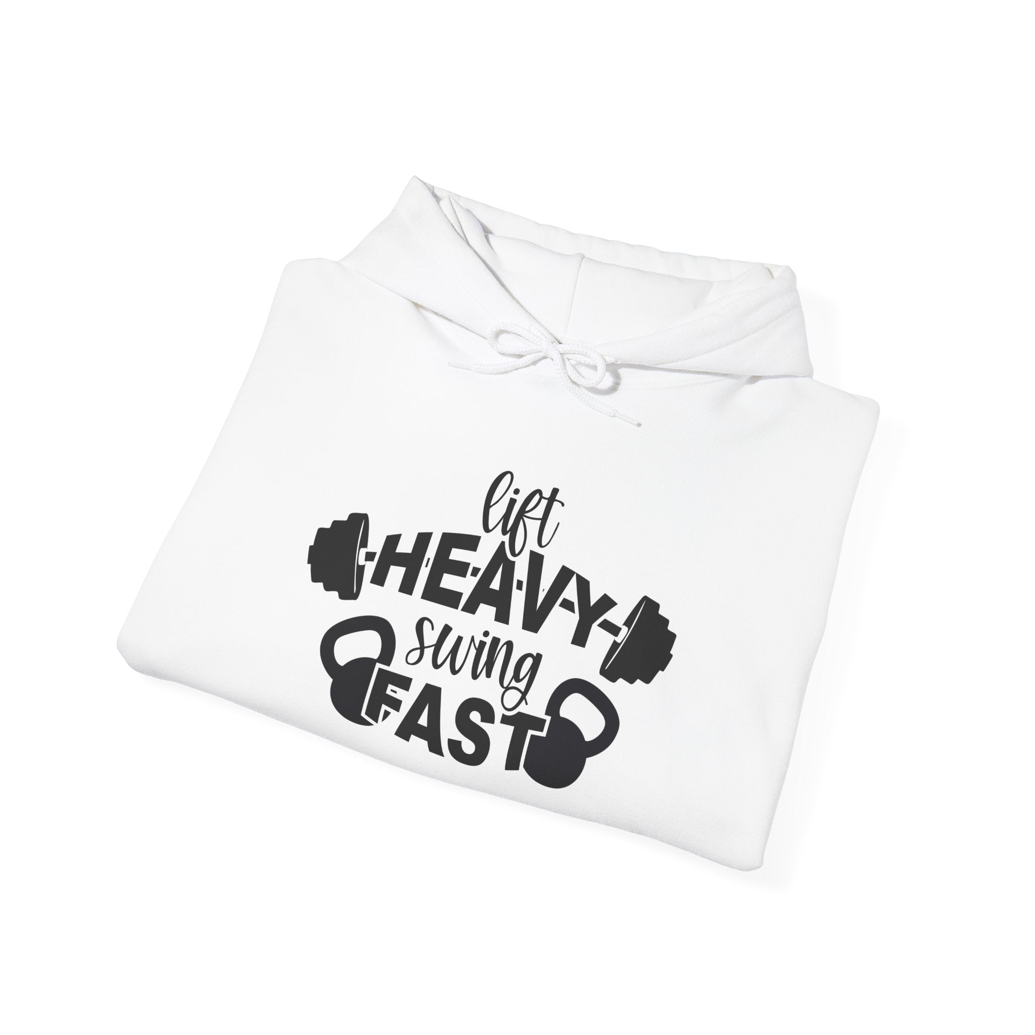 Lift Heavy Swing Fast - Unisex Heavy Blend Hooded Sweatshirt - Black Logo - Right Shoulder - Plain Back