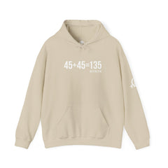 45 + 45 = 135  - Unisex Heavy Blend Hooded Sweatshirt  - White Logo Front & Arm - Plain Back