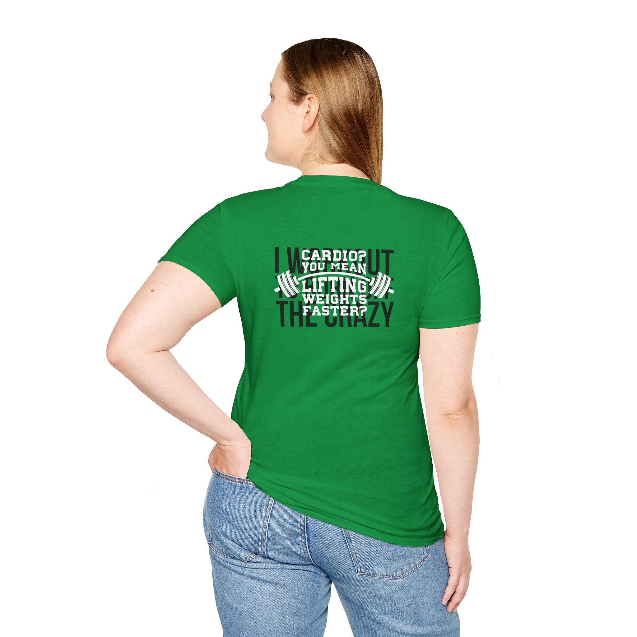 Cardio = Lift Weights Faster - Unisex Softstyle T-Shirt - Logo Front & Back