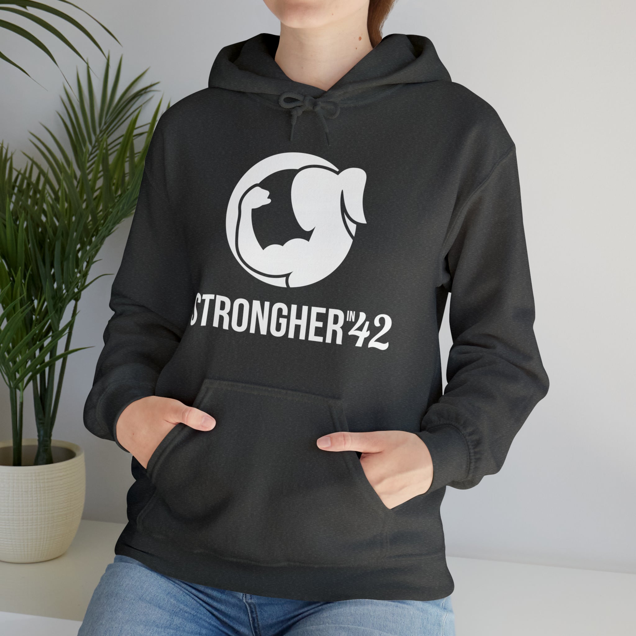 Strong Her in 42 - Classic Logo White - Unisex Heavy Blend Hooded Sweatshirt