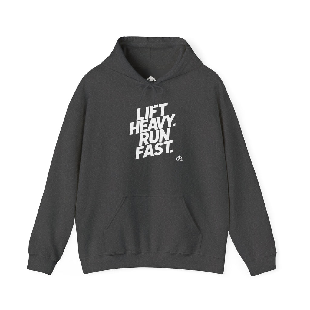Lift Heavy Run Fast - Unisex Heavy Blend Hooded Sweatshirt - Front White Logo