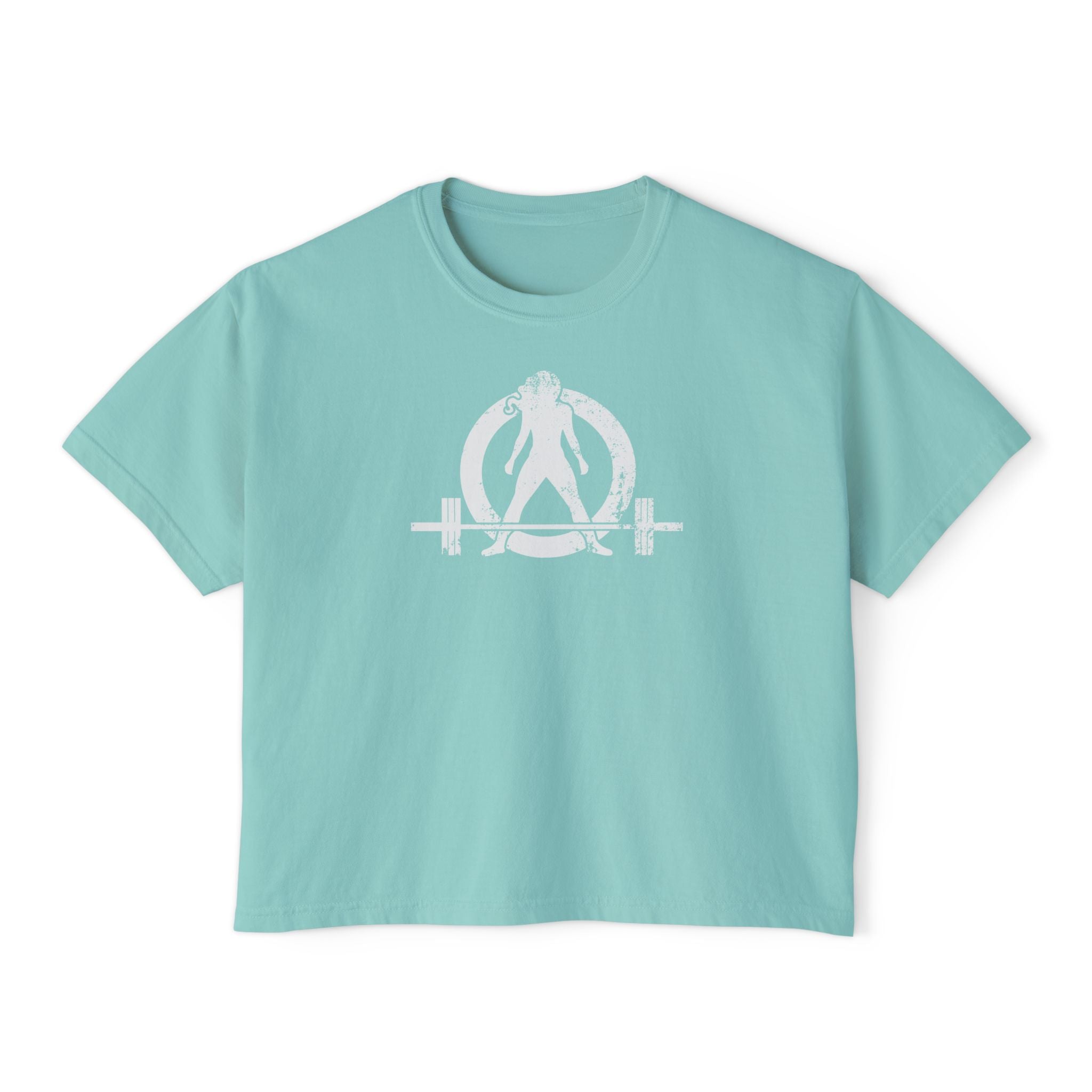 Women's Boxy Tee - White Distressed Logo Front Plain Back