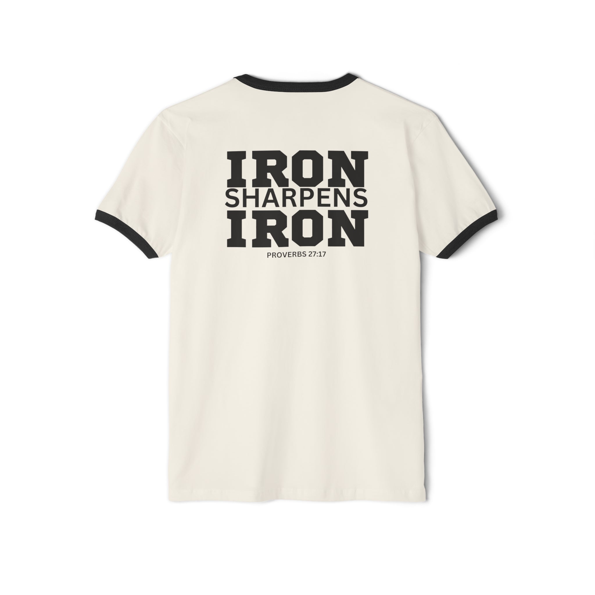 Iron Sharpens Iron - Unisex Cotton Ringer T-Shirt - Black Logo Front Plain Back