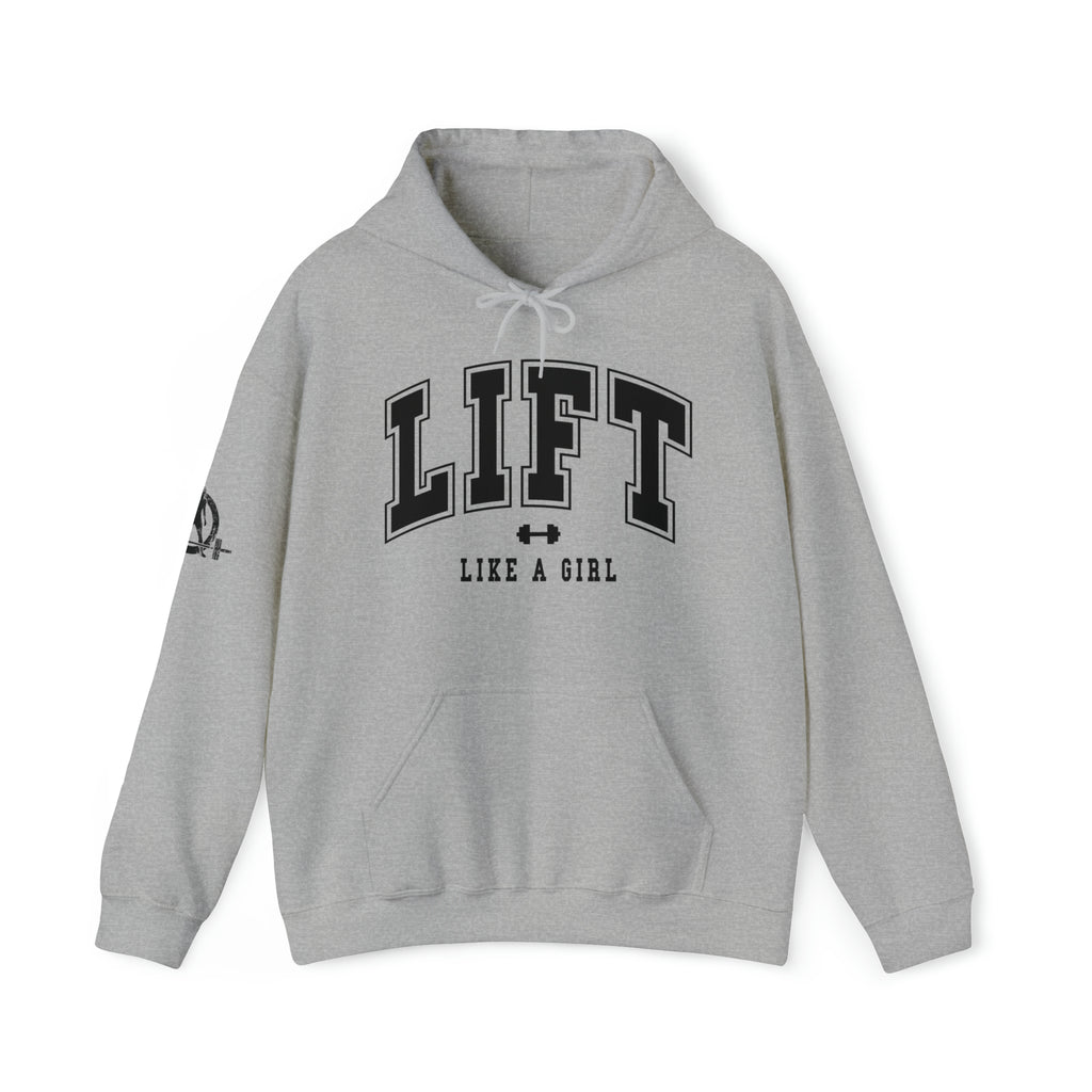Lift Like.A Girl - Unisex Heavy Blend Hooded Sweatshirt - Black Logo on Front & Right Sleeve