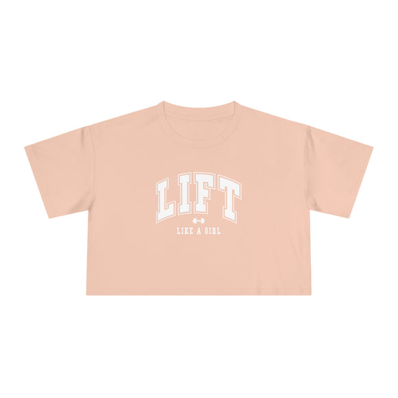 Lift Like A Girl - Women's Crop Tee - Pale Pink - Front White Logo