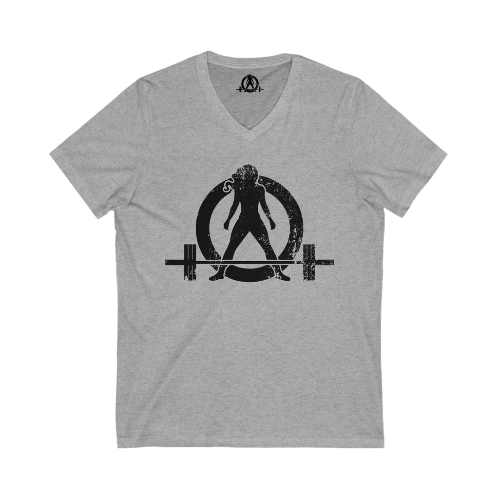 Unisex Jersey Short Sleeve V-Neck Tee -  Distressed Black Logo