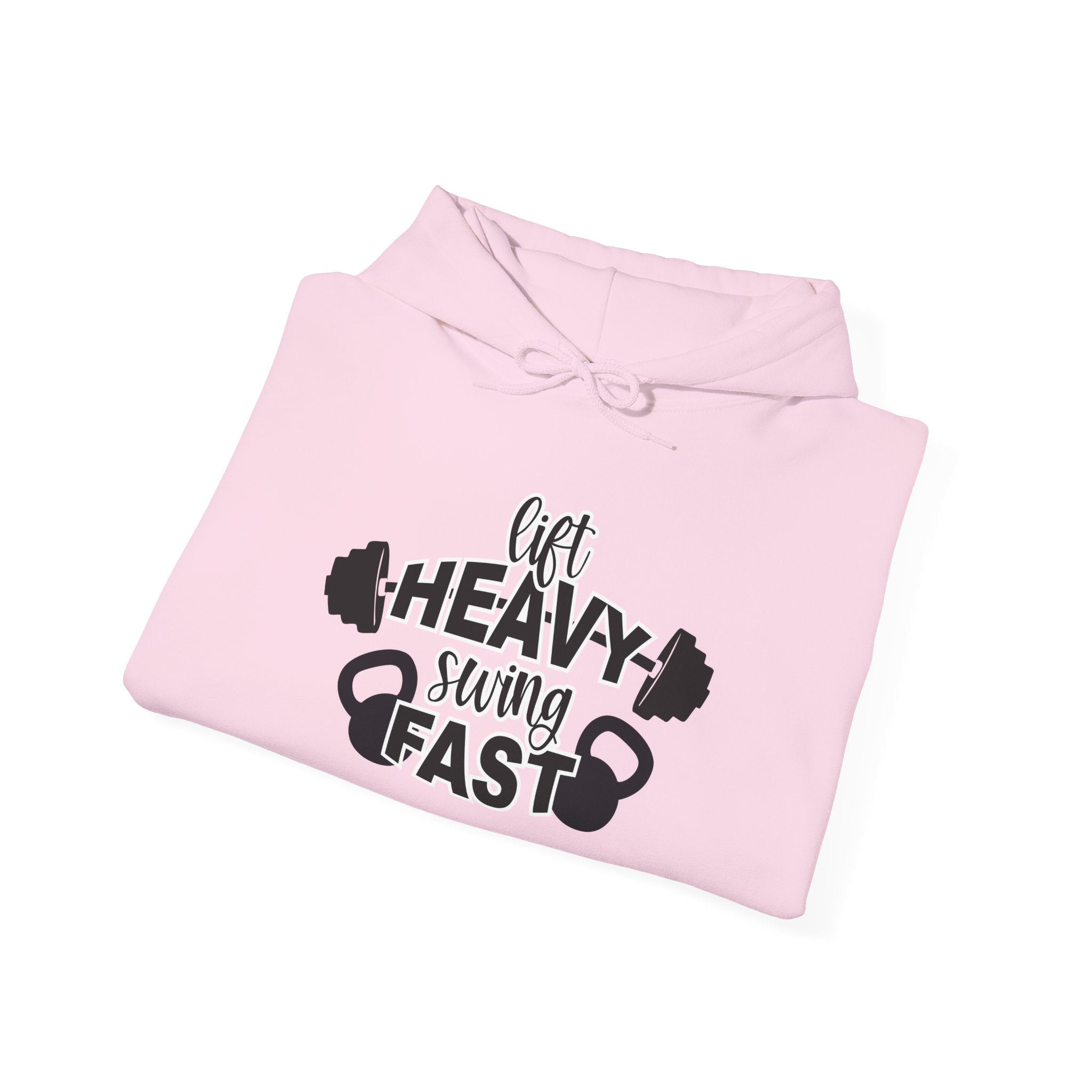 Lift Heavy Swing Fast - Unisex Heavy Blend Hooded Sweatshirt - Black Logo - Right Shoulder - Plain Back
