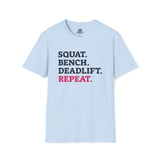 Squat Bench Deadlift Repeat - Unisex Softstyle T-Shirt - Pink - Plain Back