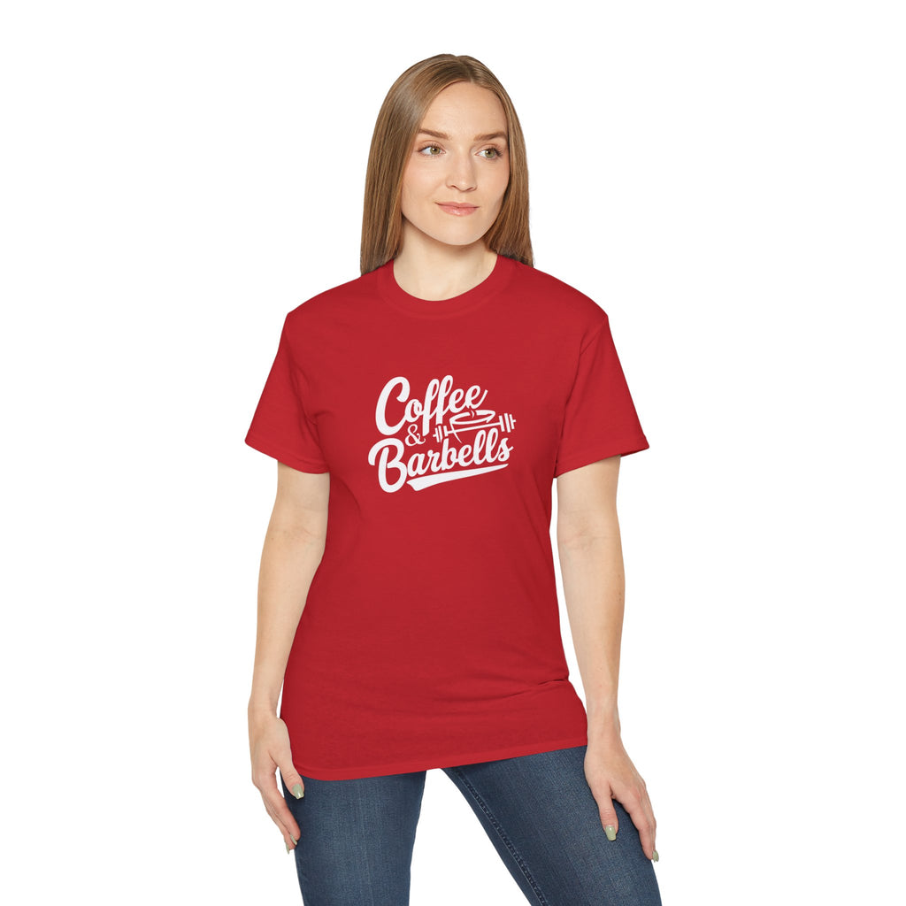 Coffee & Barbells - Unisex Ultra Cotton Tee - Front White Logo - Plain Back