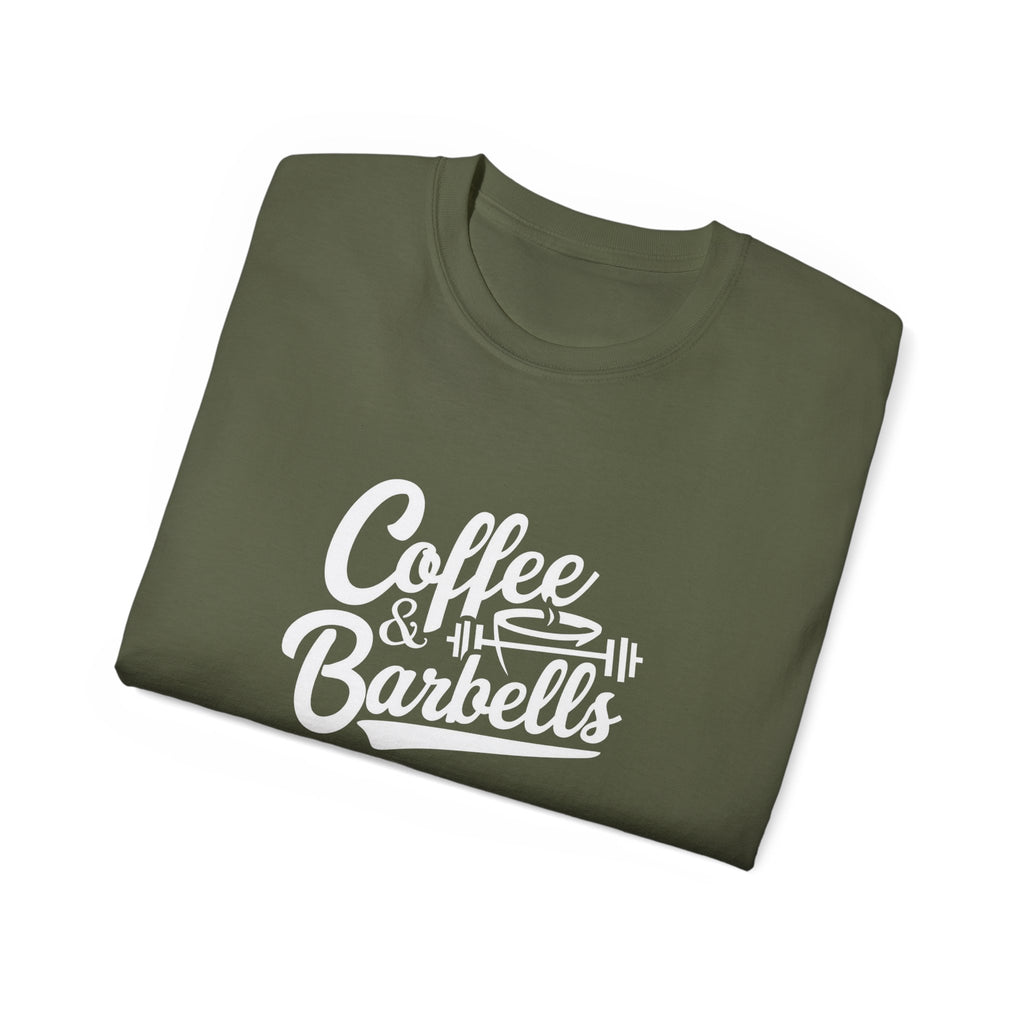 Coffee & Barbells - Unisex Ultra Cotton Tee - Front White Logo - Plain Back