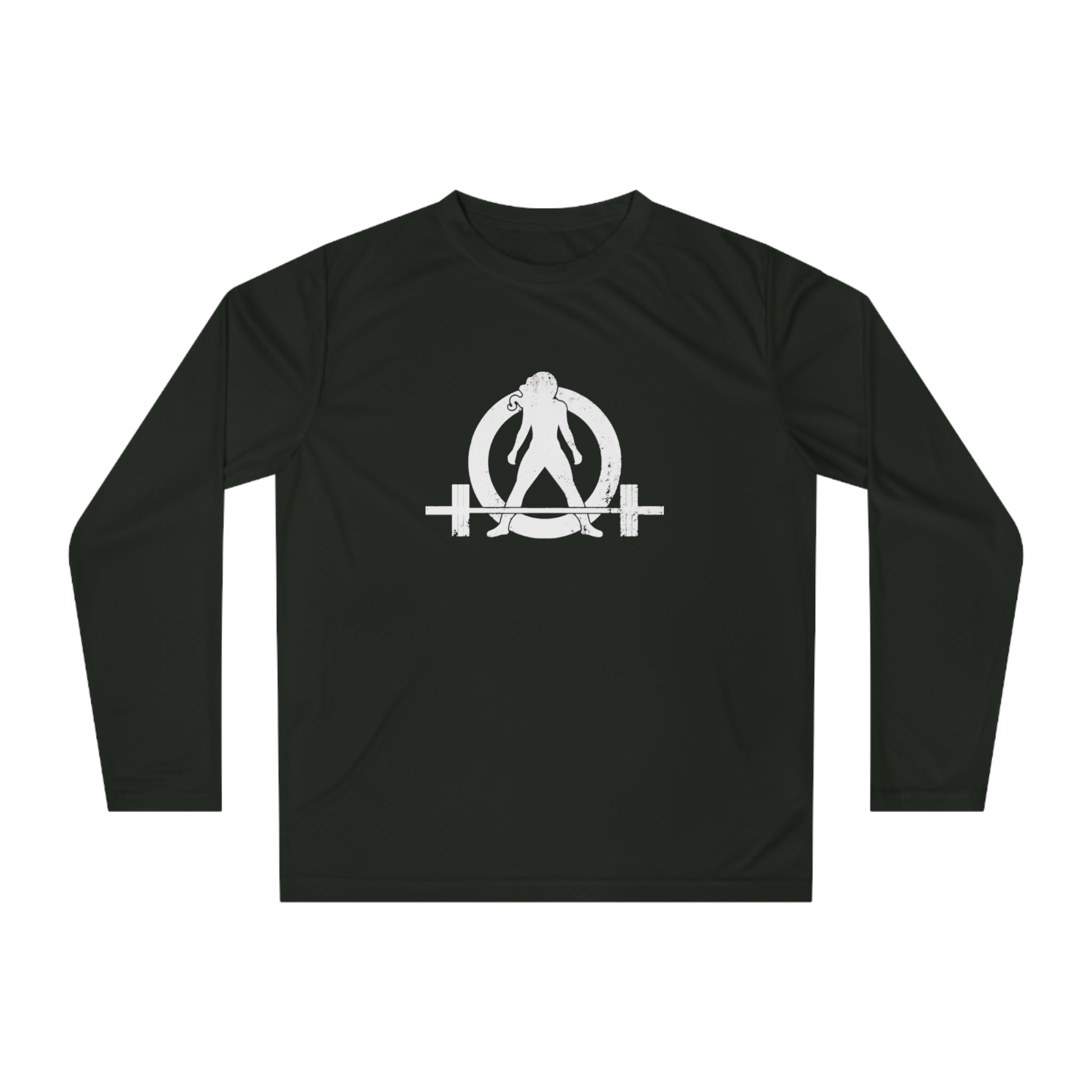 COFFEE and a Barbell - Unisex Performance Long Sleeve Shirt - Distressed White Logo
