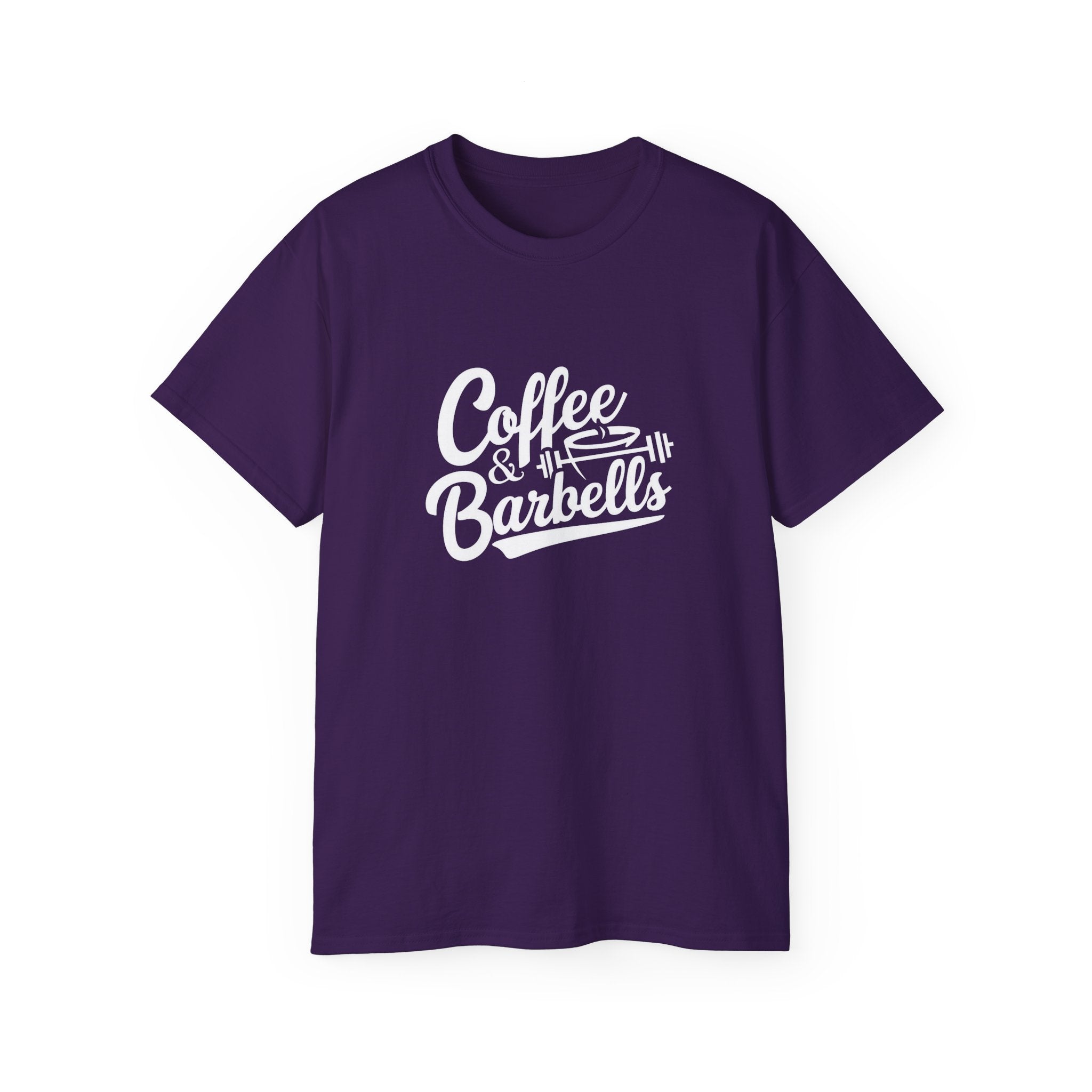 Coffee & Barbells - Unisex Ultra Cotton Tee - Front White Logo - Plain Back