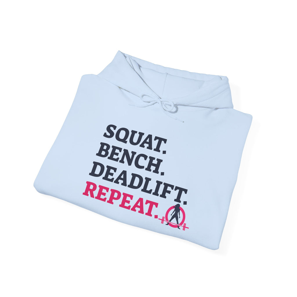 WWLW “Squat • Bench • Deadlift • Repeat” Hoodie - Front Dark Logo Plain Back