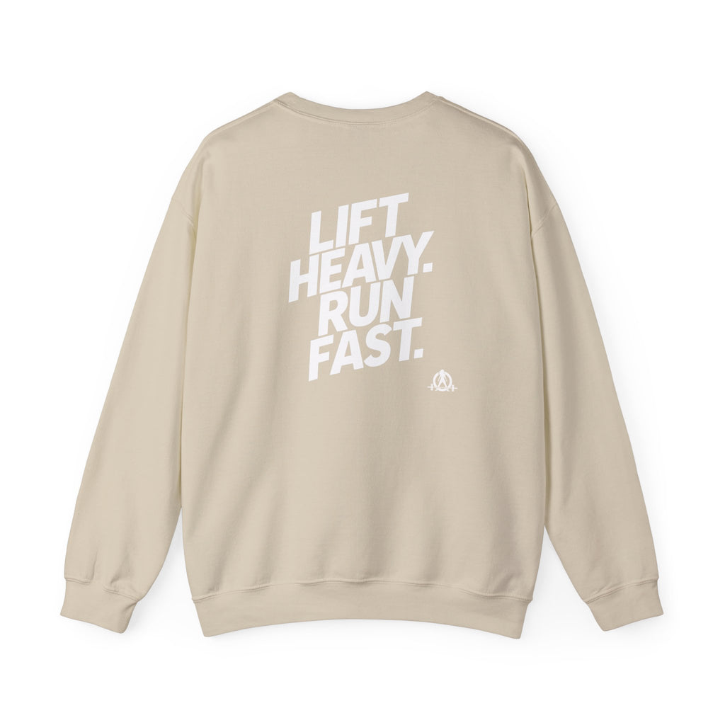 Lift Heavy Run Fast - Unisex Heavy Blend™ Crewneck Sweatshirt - White Logo Front & Back