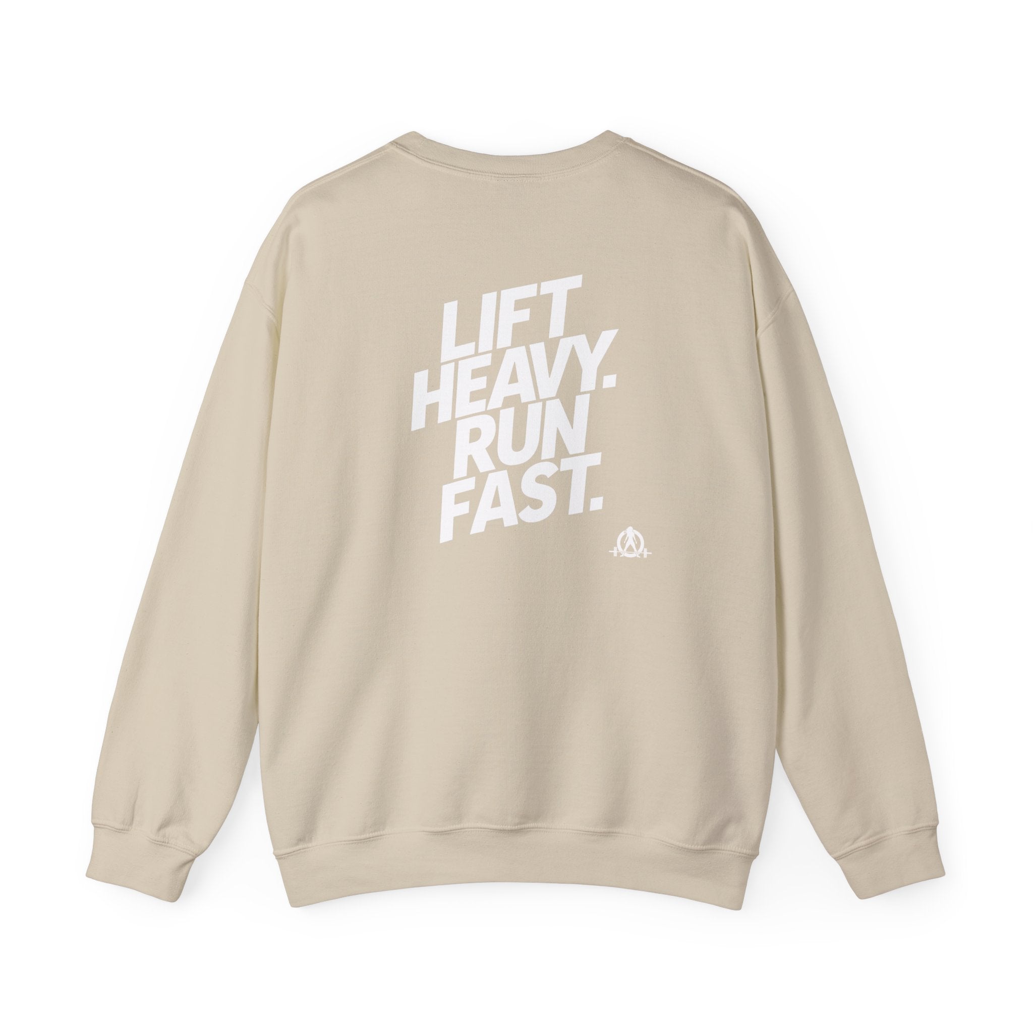 Lift Heavy Run Fast - Unisex Heavy Blend™ Crewneck Sweatshirt - White Logo Front & Back