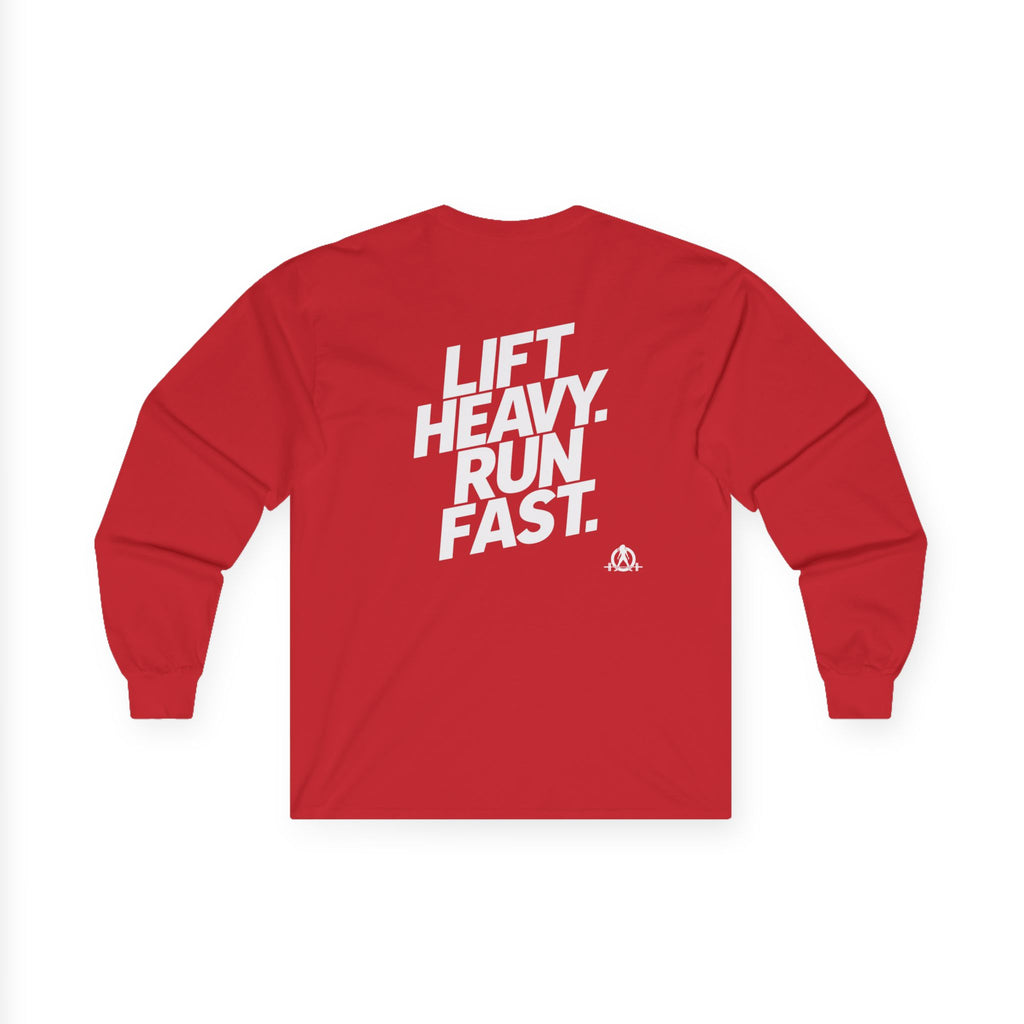 Lift Heavy Run Fast - Ultra Cotton Long Sleeve Tee - White Logo Front & Back