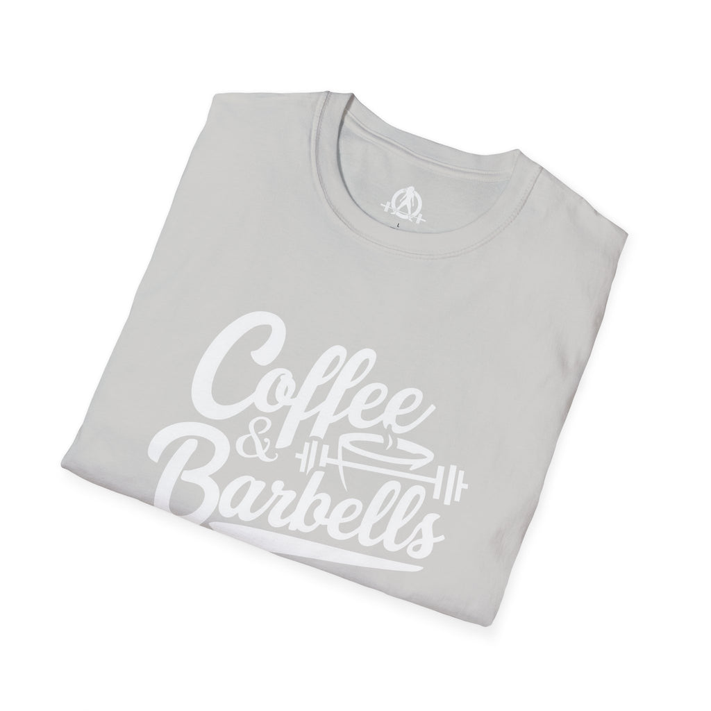 Coffee & Barbells - Unisex Softstyle T-Shirt - White Print on Front Plain Back