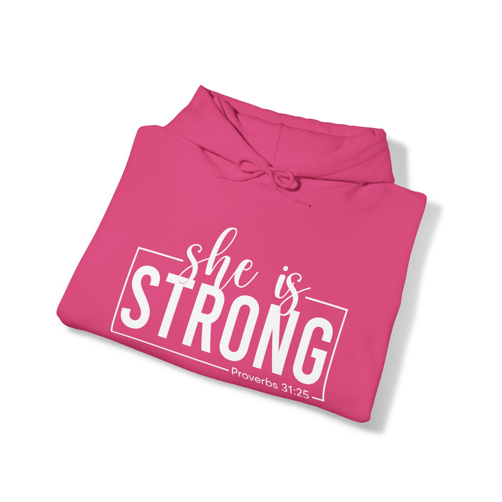 She is STRONG - Unisex Heavy Blend Hooded Sweatshirt - White Logo -  Plain Back