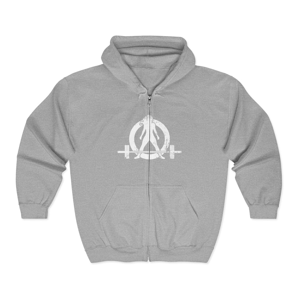 I DON’T WANT TO LOOK SKINNY I WANT TO LOOK LIKE I CAN KICK YOUR ASS – White Distressed Logo Unisex Heavy Blend™ Full Zip Hooded Sweatshirt