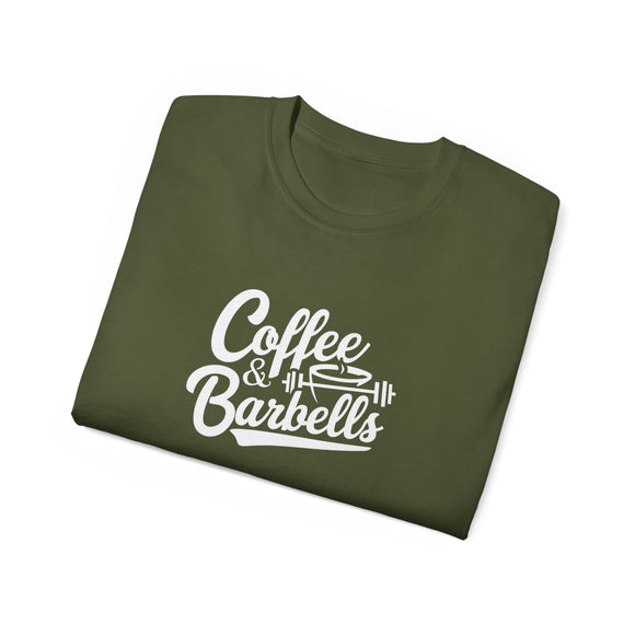 Coffee & Barbells - Unisex Ultra Cotton Tee - Front White Logo - Plain Back
