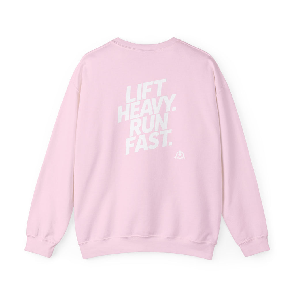 Lift Heavy Run Fast - Unisex Heavy Blend™ Crewneck Sweatshirt - White Logo Front & Back