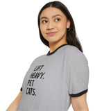 Lift Heavy Pet Cats - Unisex Cotton Ringer T-Shirt - Black Logo Front Plain Back