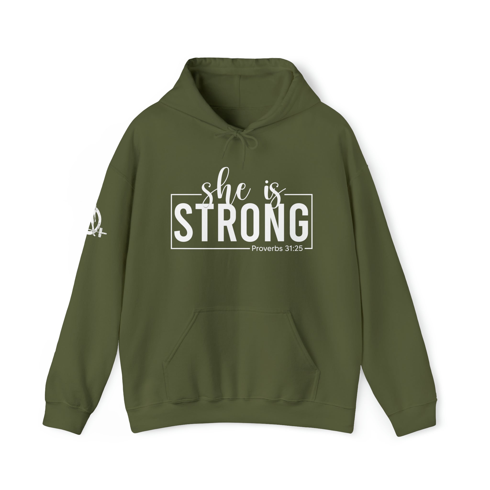 She is STRONG - Unisex Heavy Blend Hooded Sweatshirt - White Logo -  Plain Back