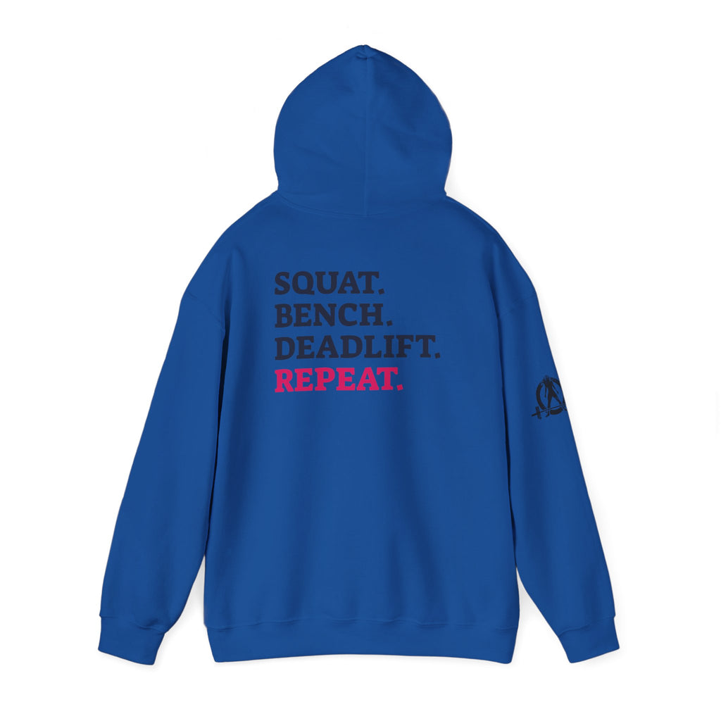WWLW “Squat • Bench • Deadlift • Repeat” Hoodie - Black Logo Back