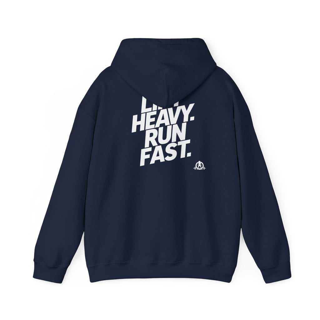 Lift Heavy Run Fast - Unisex Heavy Blend Hooded Sweatshirt - Front White & Back Logo