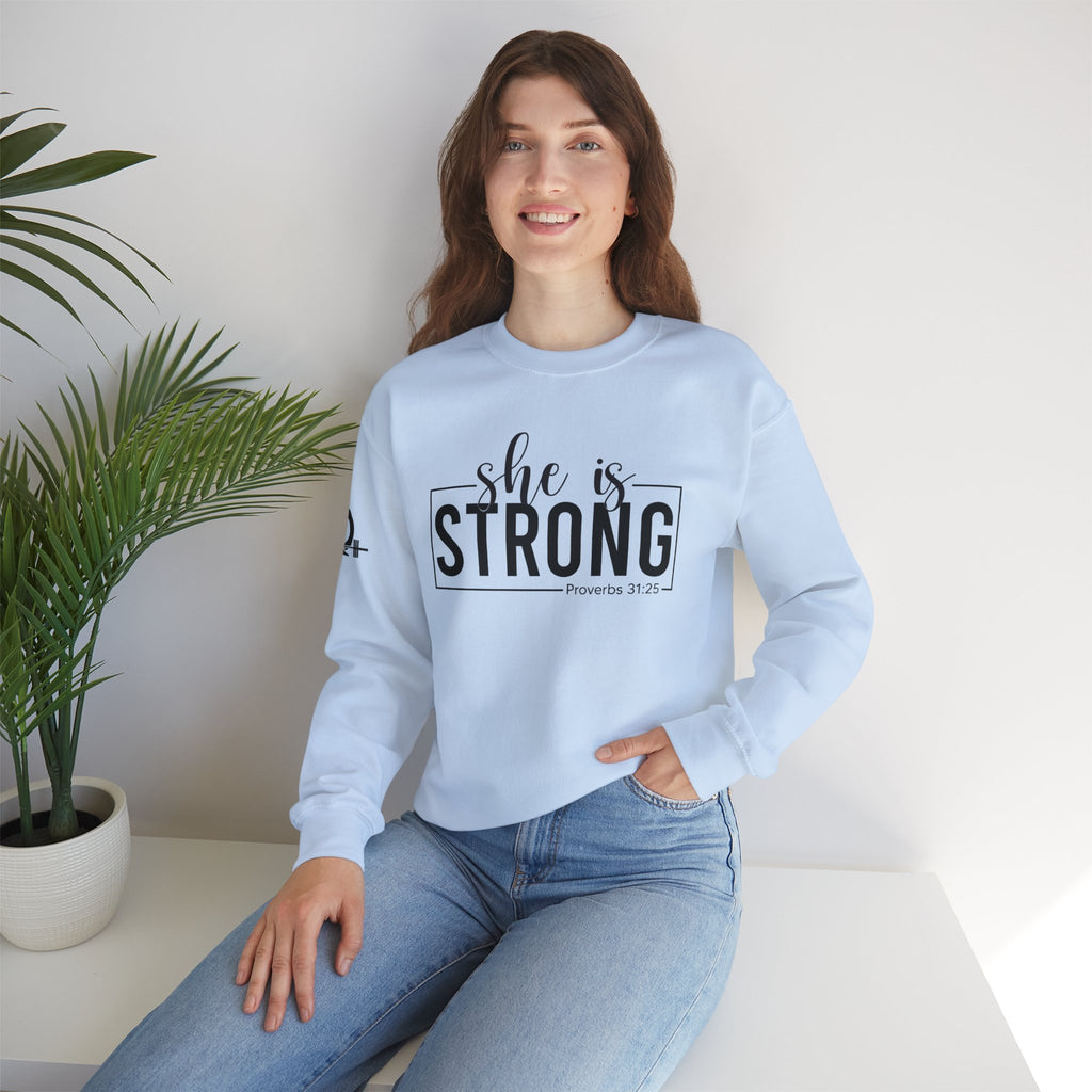 She is STRONG - Unisex Heavy Blend™ Crewneck Sweatshirt - Front Black Logo - Plain Back