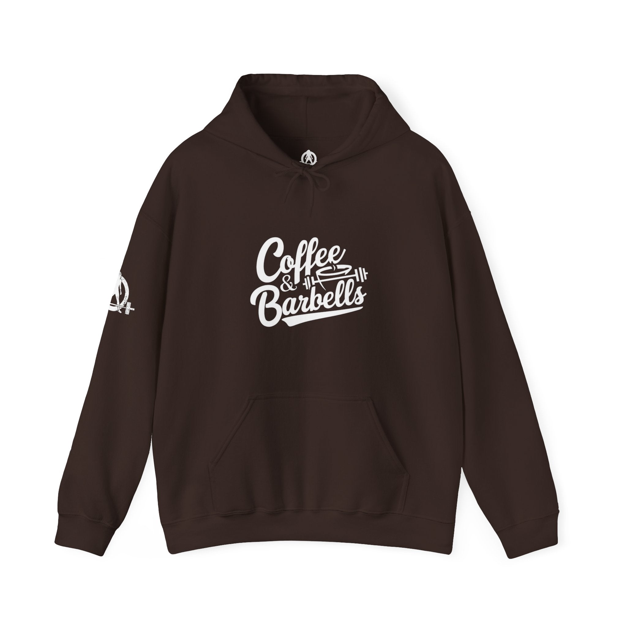Coffee & Barbells - Unisex Heavy Blend Hooded Sweatshirt - White Logo on Front & Right Sleeve