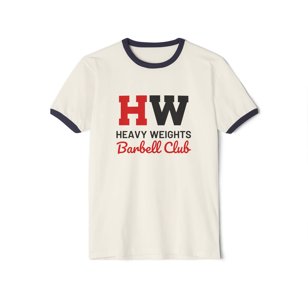 HW Barbell Club - Unisex Cotton Ringer T-Shirt - Black Classic Logo Front Plain Back