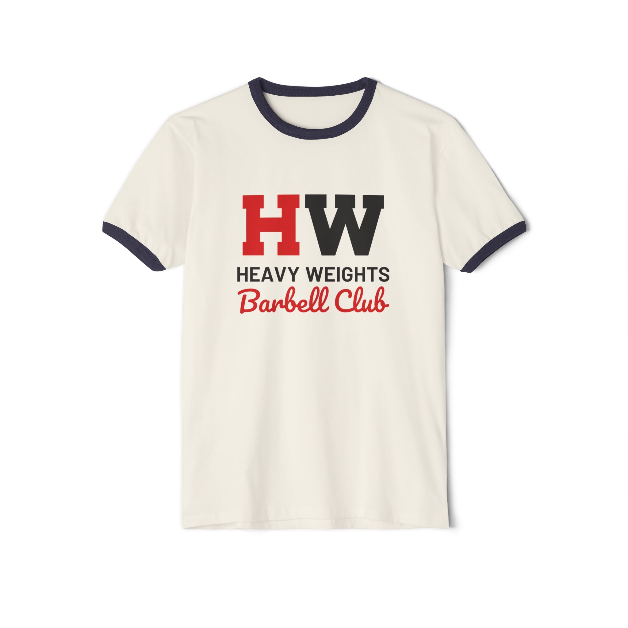 HW Barbell Club - Unisex Cotton Ringer T-Shirt - Black Classic Logo Front Plain Back