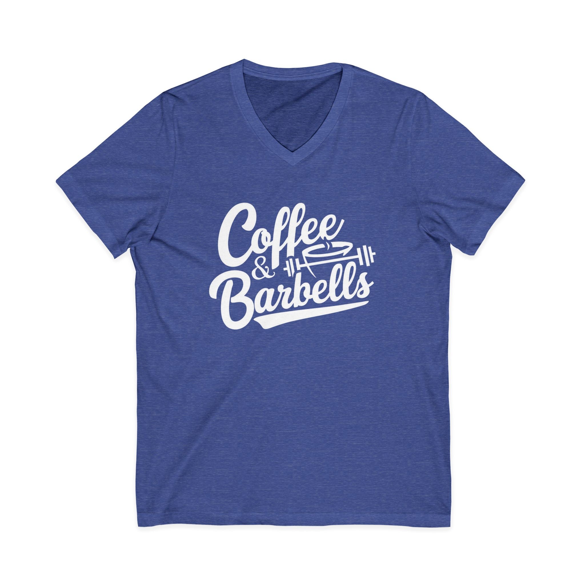 Coffee & Barbells - Unisex Jersey Short Sleeve V-Neck Tee - White Logo Plain Back