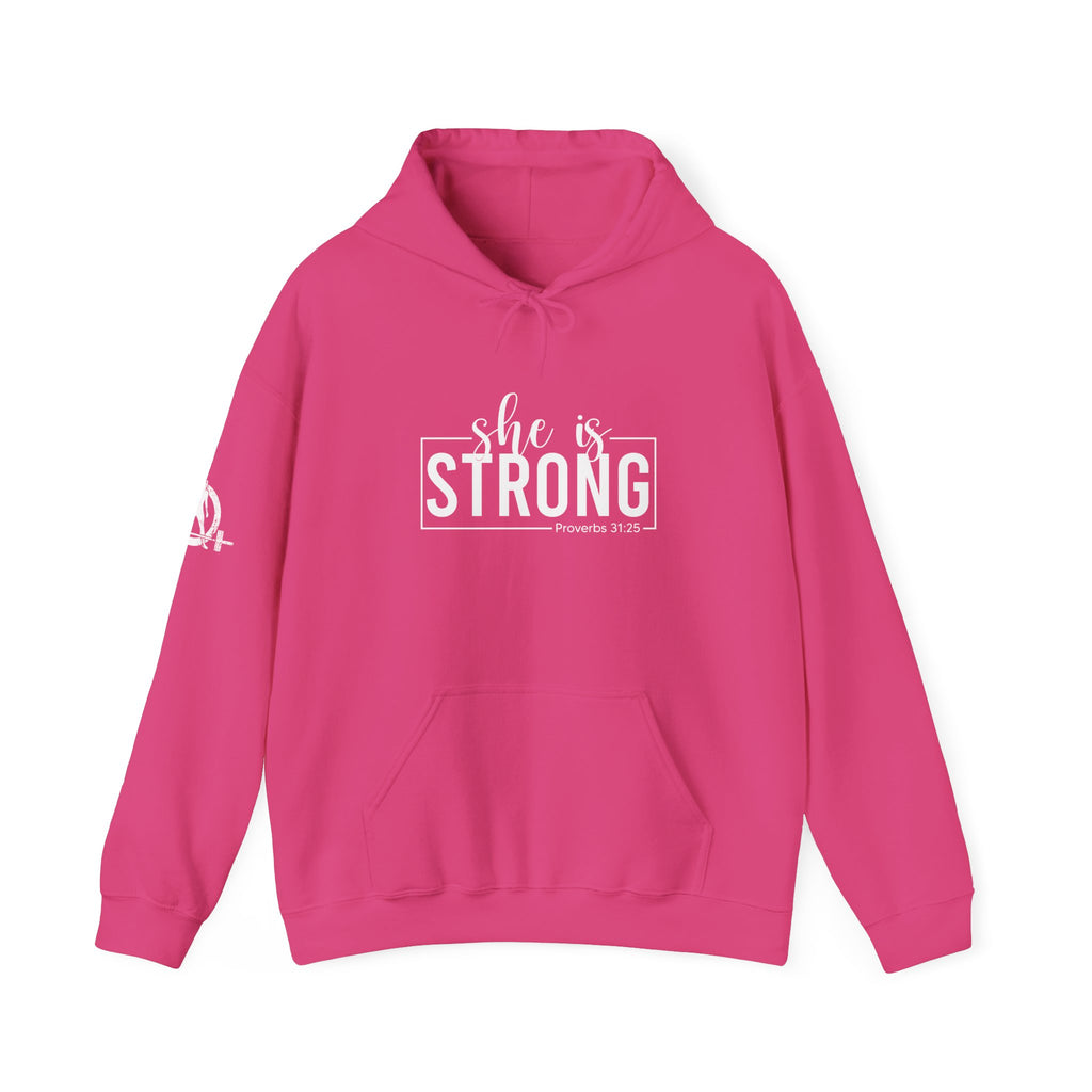 She is STRONG - Unisex Heavy Blend Hooded Sweatshirt - White Logo