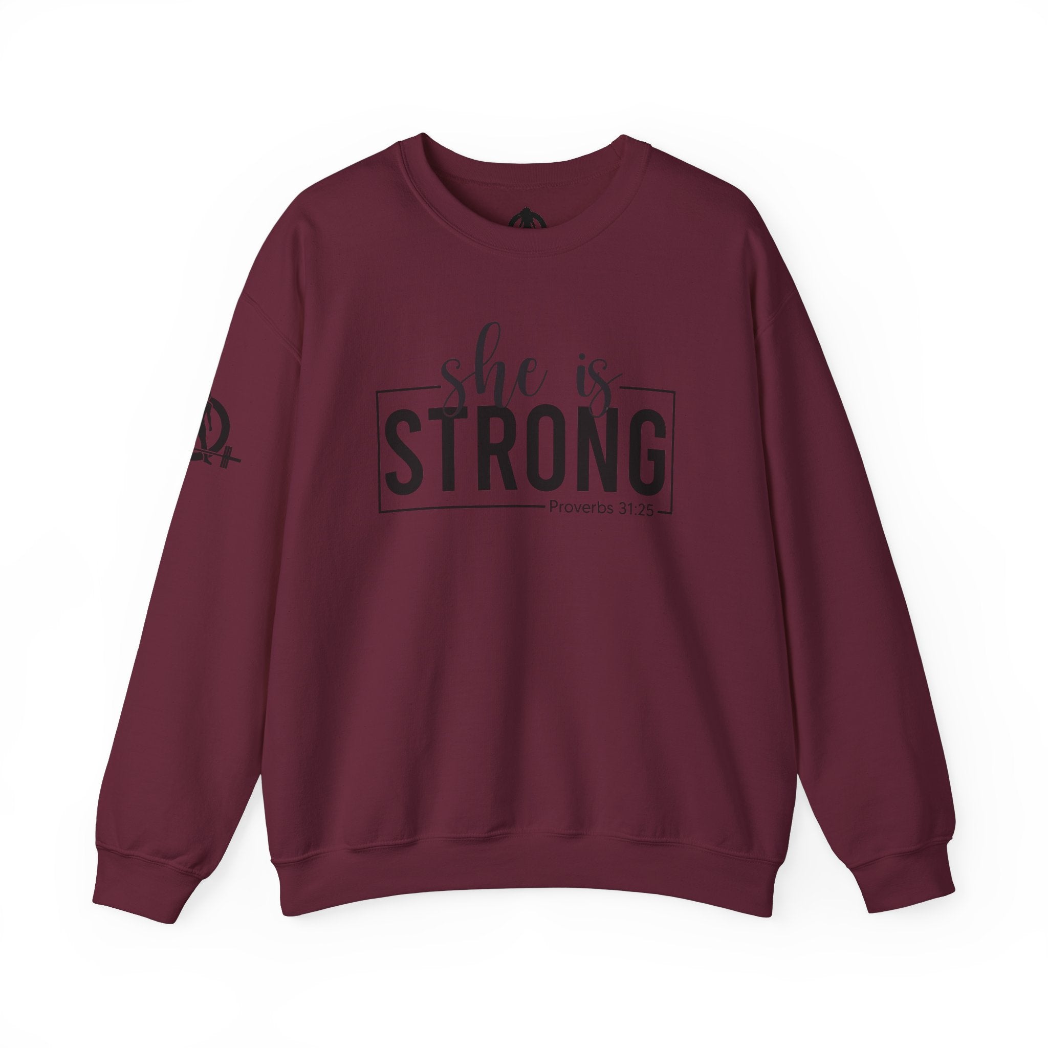 She is STRONG - Unisex Heavy Blend™ Crewneck Sweatshirt - Front Black Logo - Plain Back