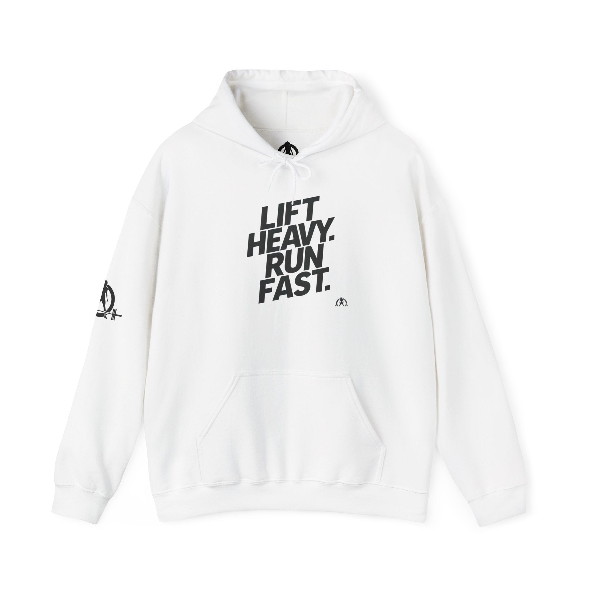 Lift Heavy Run Fast – Unisex Heavy Blend™ Hooded Sweatshirt (Front Black Logo) 🏋️‍♂️🏃‍♀️🖤