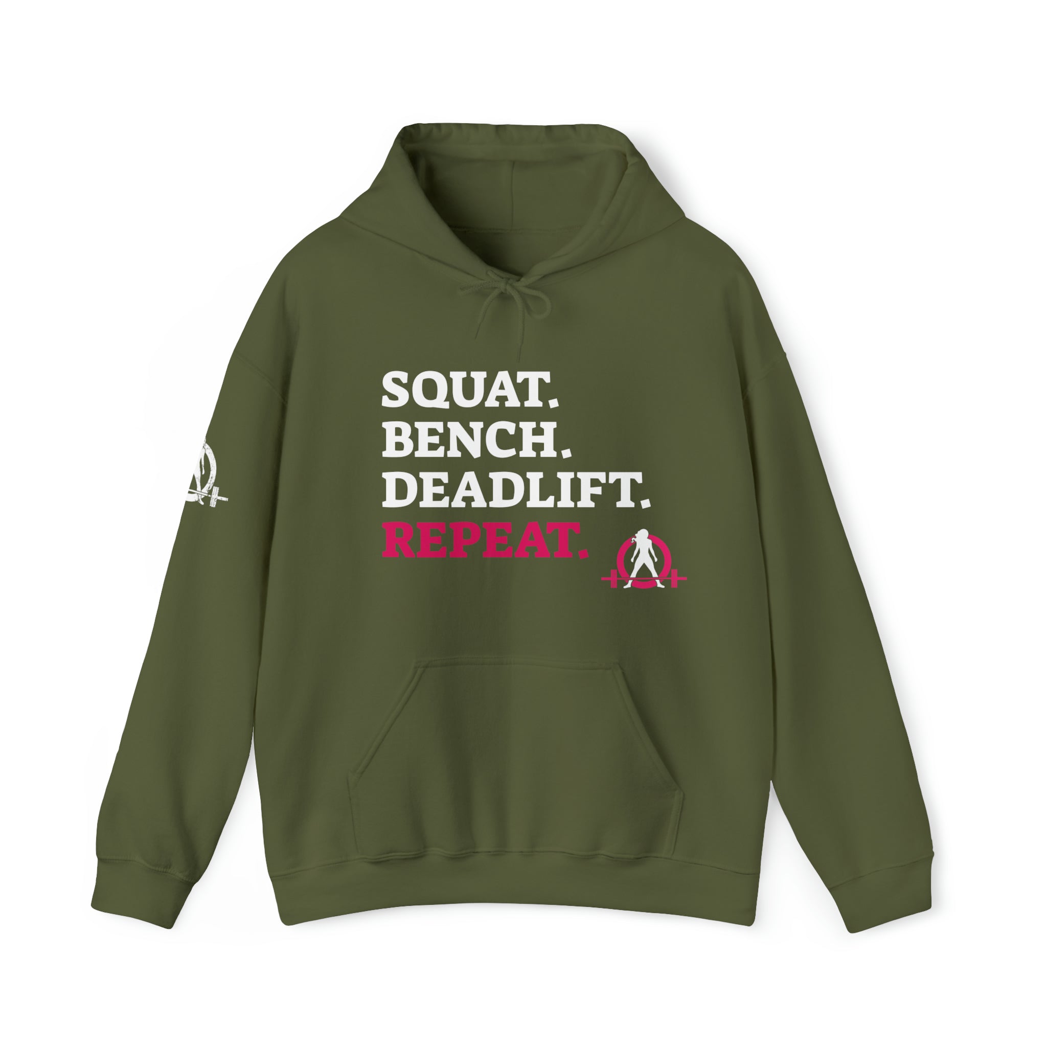 Squat Bench Deadlift Repeat - Unisex Heavy Blend Hooded Sweatshirt - Dark WWLW Logo - Pink - Plain Black