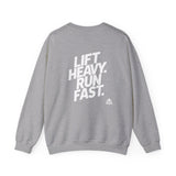 Lift Heavy Run Fast - Unisex Heavy Blend™ Crewneck Sweatshirt - White Logo Front & Back