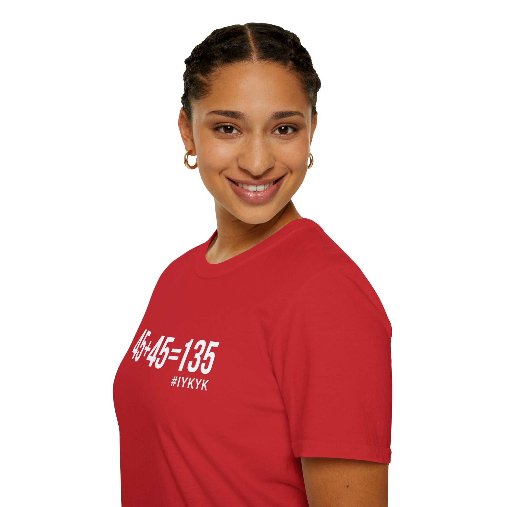 45 + 45 = 135  - Unisex Softstyle T-Shirt - Print on Front Plain Back