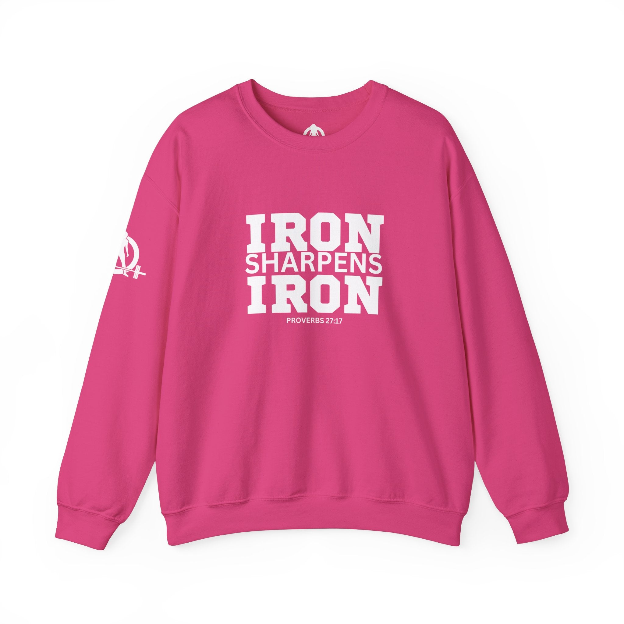 Iron Sharpens Iron - Unisex Heavy Blend™ Crewneck Sweatshirt - Front White Logo - Plain Back