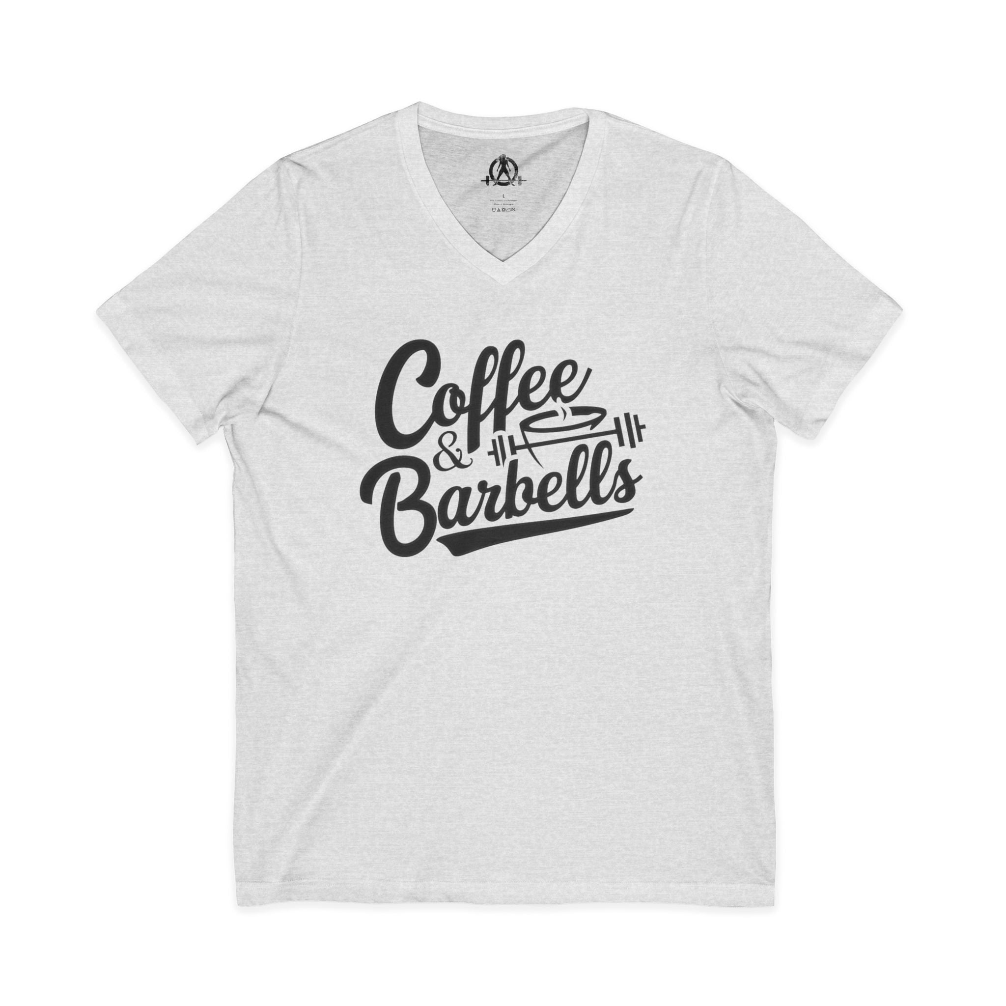 Coffee & Barbells - Unisex Jersey Short Sleeve V-Neck Tee - Black Logo Plain Back