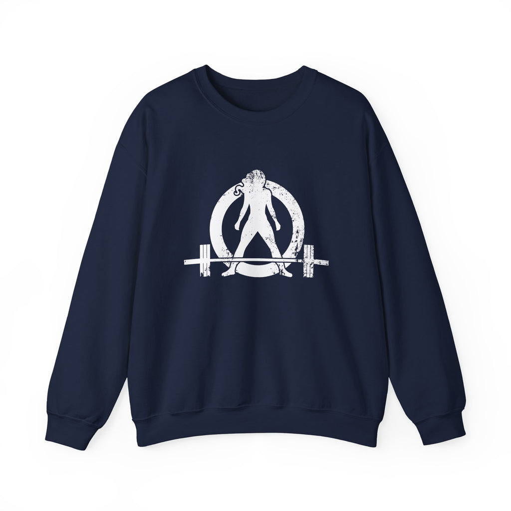 ALL I NEED IS COFFEE and a Barbell - Unisex Heavy Blend™ Crewneck Sweatshirt - Distressed Logo - Front & Back