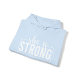 She is STRONG - Unisex Heavy Blend Hooded Sweatshirt - White Logo -  Plain Back