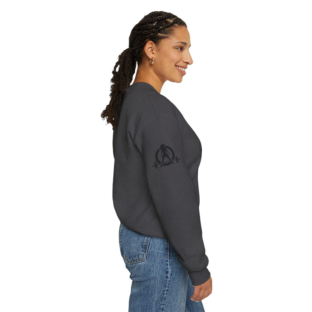 She is STRONG - Unisex Heavy Blend™ Crewneck Sweatshirt - Front Black Logo - Plain Back